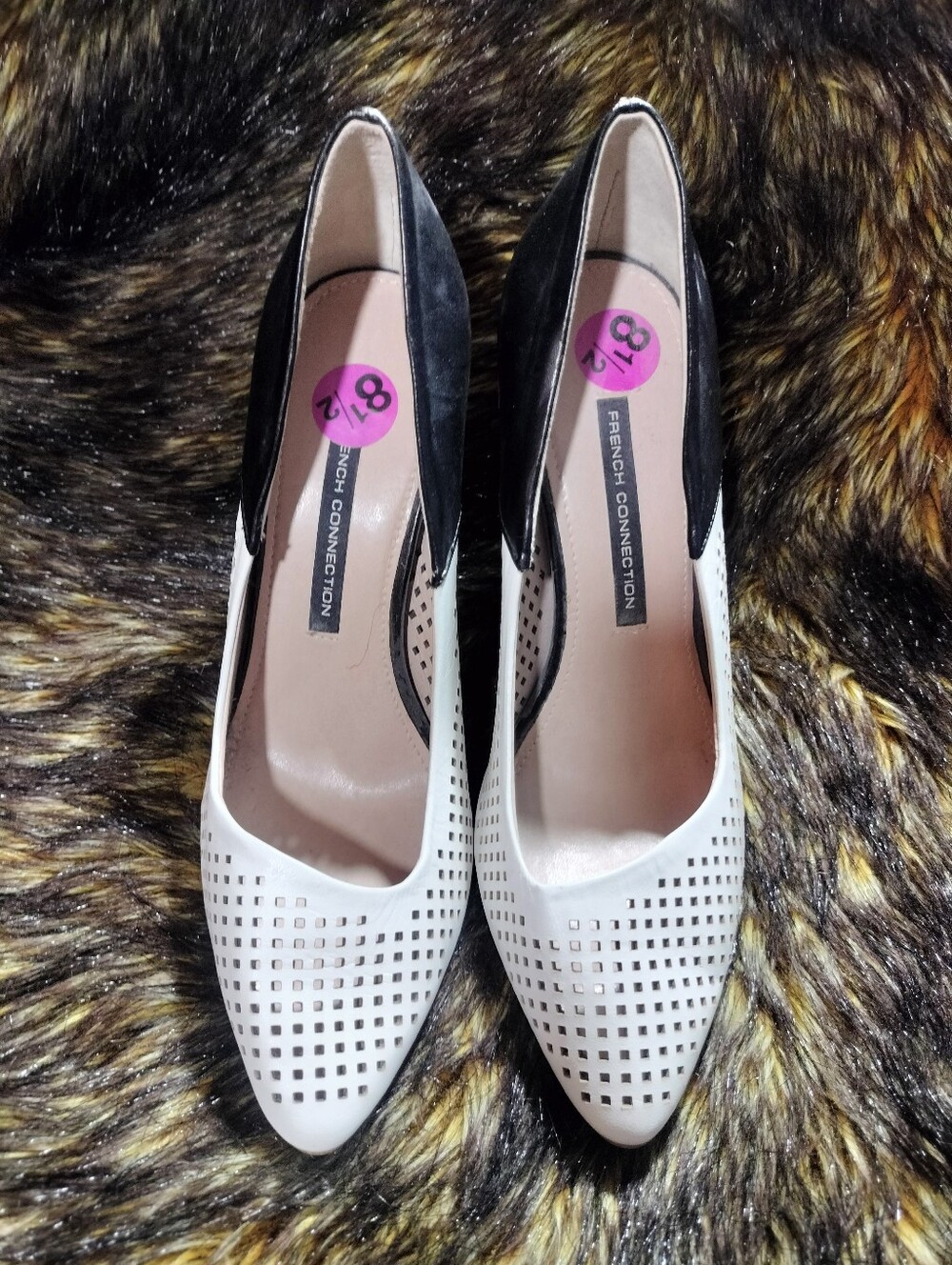 French Connection White and Black Perforated Pointed Pumps